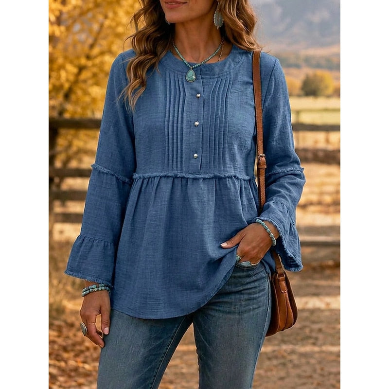 Rosalyn | Women's Blouse Pintuck Front Peplum Hem Relaxed Fit Everyday Casual Top