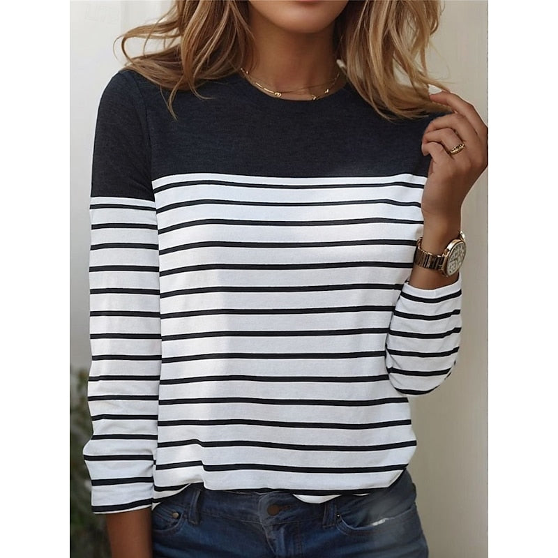 Constance | Women's Top Striped Colour Block Round Neck Long Sleeve Everyday Casual Top