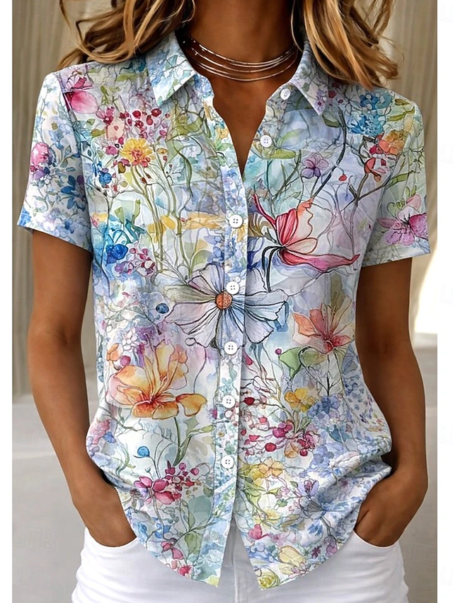 Marguerite | Women's Shirt Floral Print Point Collar Short Sleeve Button Front Summer Casual Top