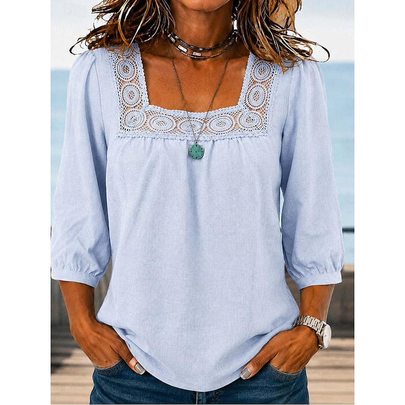 Fern | Women's Blouse Square Neck Lace Trim Relaxed Fit Summer Casual Top
